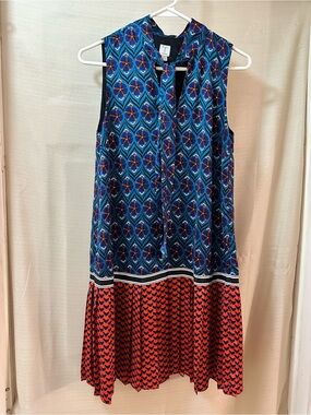 Tristan Blue Orange Geometric Print Sleeveless Tie Neck Shift Dress XS Petite